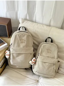 Korean style striped canvas backpack with cute rabbit pendant, casual women school bag.