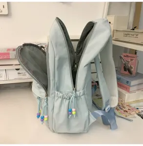 Light blue casual backpack for women and students, large capacity school bag with beads.
