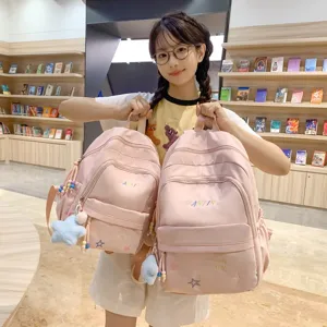 Waterproof Nylon School Backpack For Teenage Girls Large Capacity Casual Travel Bookbag With Cute Star Embroidery