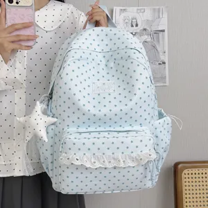 Korean Style Cute Star Print Waterproof School Backpack With Lace Trim Casual Travel Daypack For Teen Girls