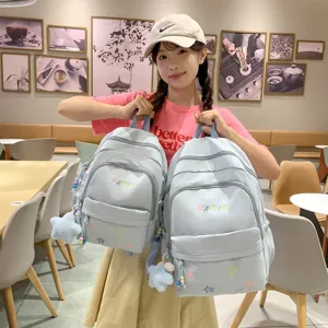 Light blue casual backpack for women and students with large capacity and cute star pendants.