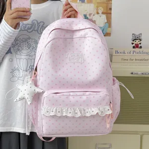 Pink star pattern school backpack for student cute casual daypack with lace pocket