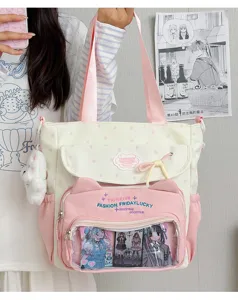 Sac cabas en toile kawaii pour filles avec oreilles de chat et fenêtre transparente, sac rose.