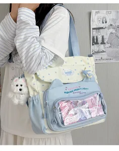 Sac à dos bandoulière kawaii chat étoile en toile avec poche transparente pour fille étudiante.