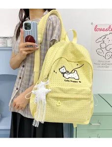 Japanese style sweet cute polka dot canvas backpack for school students with puppy print.