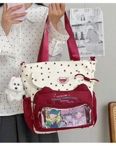 Sac cabas en toile avec oreilles de chat et poche ita transparente pour les écolières.