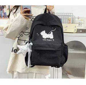 Japanese sweet cute polka dot canvas backpack for school students with puppy embroidery.