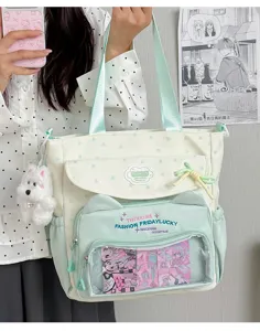 Sac cabas en toile à motif d'étoiles avec poche transparente oreilles de chat pour étudiantes.