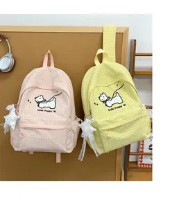Cute Japanese style canvas school backpack for students, sweet pink and yellow daily casual bags.
