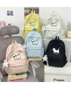Japanese cute polka dot school backpack for girls teens, sweet puppy print bookbag with star charm.