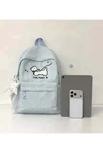 Light blue polka dot school backpack detail view, featuring cute puppy print and star pendant.