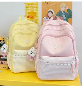 Detailed view of cute student backpack with polka dots, stripes, lace and adorable puppy plush charm.