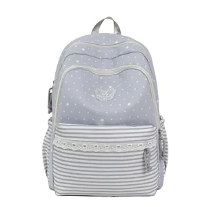 Pastoral style polka dot backpack, large capacity student school bag with cute lace trim.
