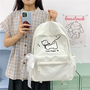 Japanese Sweet Polka Dot Print Nylon School Backpack For Students Casual Waterproof Bookbag With Puppy Pattern