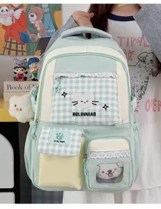 Zaino in stile accademico coreano carino con quadri pizzo ricamo gatto e ciondolo di peluche.
