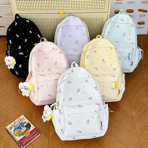 Korean style cute cat print casual school backpack ins bookbag with lovely plush pendant