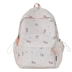 Cute pink backpack for women and girls with adorable cat print aesthetic school book bag.