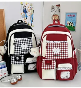 Zaino stile college coreano carino con tasca a quadri dolce borsa scolastica per studenti