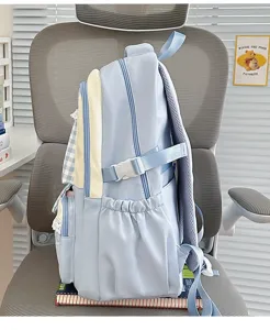 Vista dettagliata dello zaino per studenti azzurro chiaro con tasche laterali e pizzo.
