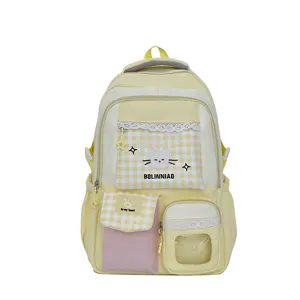 Zaino da studente carino stile coreano, motivo a quadri alla moda con tasche e gatto ricamato.