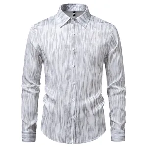 Men's vintage distressed vertical print long sleeve shirt detail, button-down collar design.