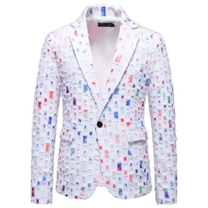 Giacca Blazer da Uomo Slim Fit Design Perforato Distressed Monopetto per Spettacoli Teatrali Feste Casual Urban Top
