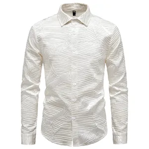 Men's pleated long sleeve shirt detail, textured fabric close up view, casual fashion style.