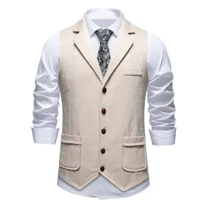 Men's vintage suede print suit vest with lapel, classic single-breasted waistcoat detail.