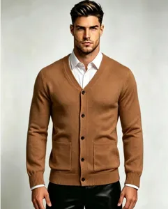 Men's casual solid color V-neck slim fit knitted cardigan sweater outerwear tops