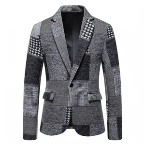 Giacca blazer in tweed patchwork rétro da uomo, elegante motivo pied de poule e spina di pesce grigia.