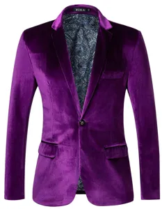 Men's purple velvet blazer slim fit casual suit jacket with paisley lining for men.