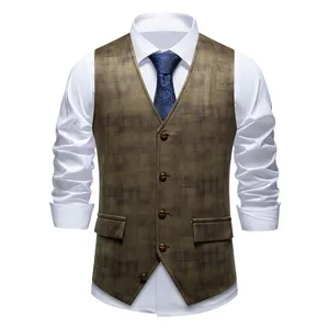 Men's vintage print suit vest waistcoat, classic single-breasted V-neck design for business casual.