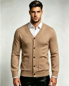 Men's V-neck knit cardigan sweater, casual slim fit autumn winter outerwear in solid camel color.