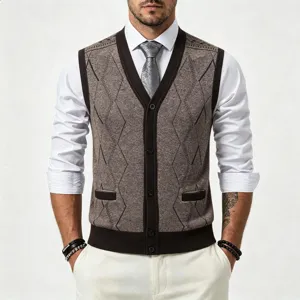 Men's V-neck knit sweater vest, classic argyle pattern button-down cardigan for autumn.
