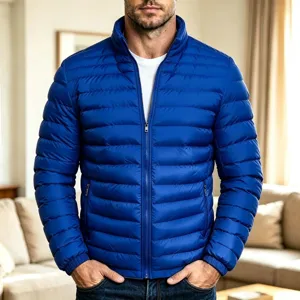 Herren blaue Stehkragen Puffer Jacke Winter Oberbekleidung einfarbig lässige Mode warm