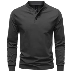 Men's Combed Cotton Slim Fit Henley Neck Long Sleeve T-Shirt Solid Color Casual Sporty Tee With Ribbed Cuffs For Autumn