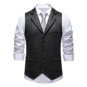 Men's vintage suede lapel suit vest waistcoat with white shirt and tie detail view.