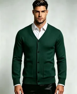 Close-up view of the men's dark green V-neck cardigan sweater showing knit texture and button detail.