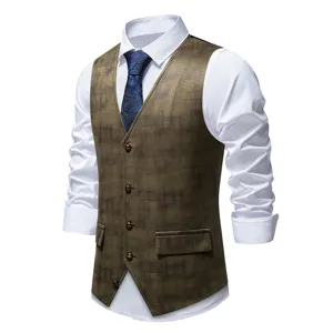 Vintage printed men's suede suit vest detail, classic retro waistcoat with buttons and pockets.
