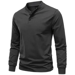 Detailed close-up view of dark grey cotton stretch men's long sleeve henley shirt.
