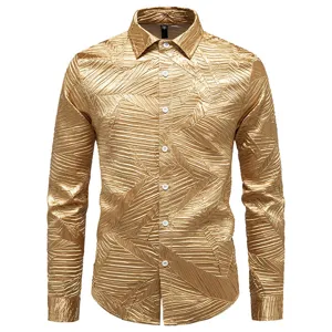 Close-up view of luxury gold crinkle texture and leaf pattern on men's fashion shirt.