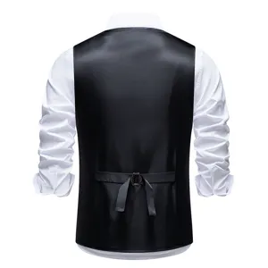Men's classic black suit waistcoat detail view, back adjustable strap design, elegant formal wear.