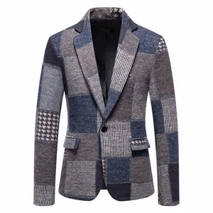 Elegante giacca blazer da uomo in tweed patchwork con quadri e motivo pied-de-poule.