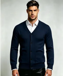 Detail view of men's navy blue V-neck knitted cardigan with front pockets and buttons.