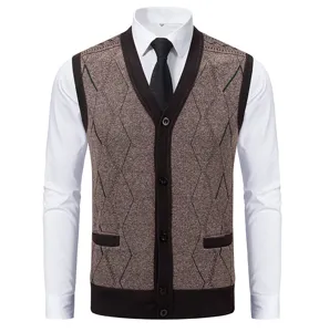 Men's V-neck knit cardigan vest with diamond pattern detail for autumn winter layering.
