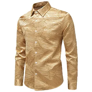 Gold pleated men's long sleeve shirt detail, shiny texture fabric, lapel button up design.