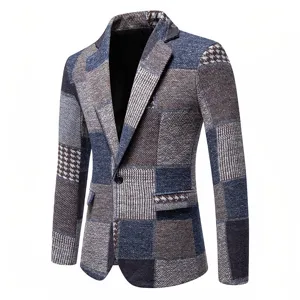 Blazer da uomo vintage patchwork in tweed giacca casual elegante per l'inverno