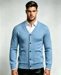 Close-up detail of a light blue V-neck knitted cardigan with button front and pockets.