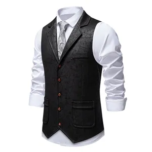 Men's vintage suede print suit vest lapel waistcoat paired with a white dress shirt.