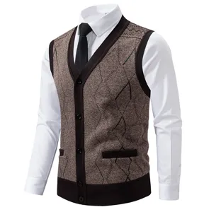 Men's V-neck knit cardigan vest detail, classic diamond pattern with button closure.